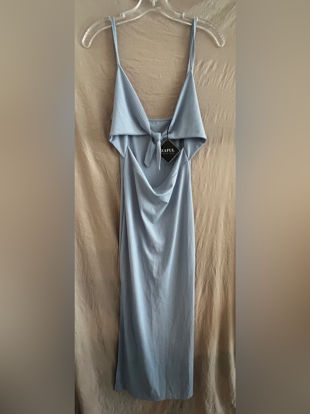 Zaful Pale Blue Ribbed Maxi Dress with Front Tie